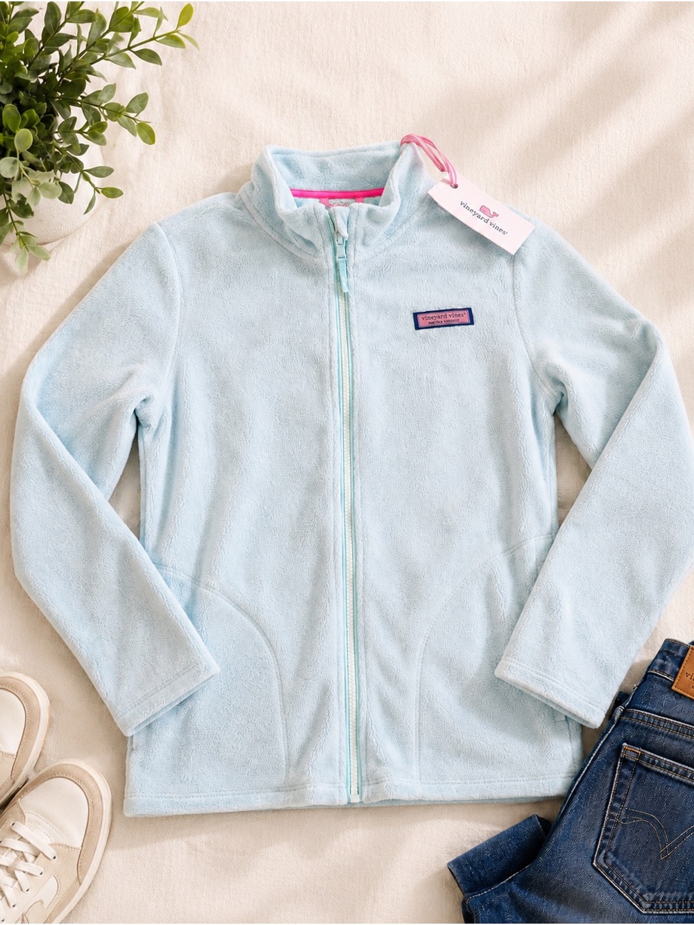 NWT Vineyard Vines Girls XL 16 Blue Sherpa Fleece Jacket Pink Trim